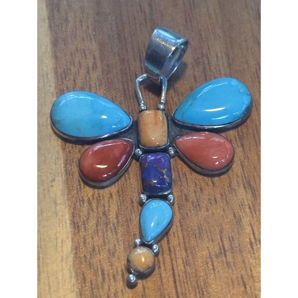 Sterling Silver Spiny Oyster Turquoise, Lapis & Coral Inlay Dragonfly Pendant